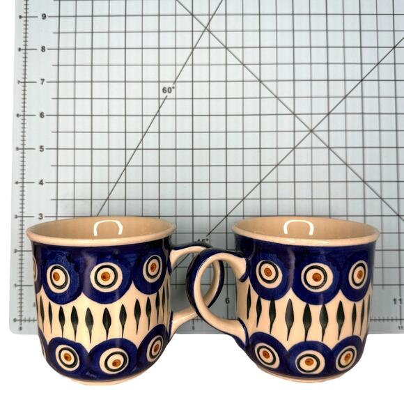 Boleslawiec Polish Pottery Peacock Mugs Pair of 2 Handmade Stoneware - Picture 7 of 9